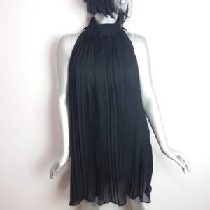 BOGO 50% Large Black Dress Sleeveless Pleated Chiffon Knee Length Round Neck